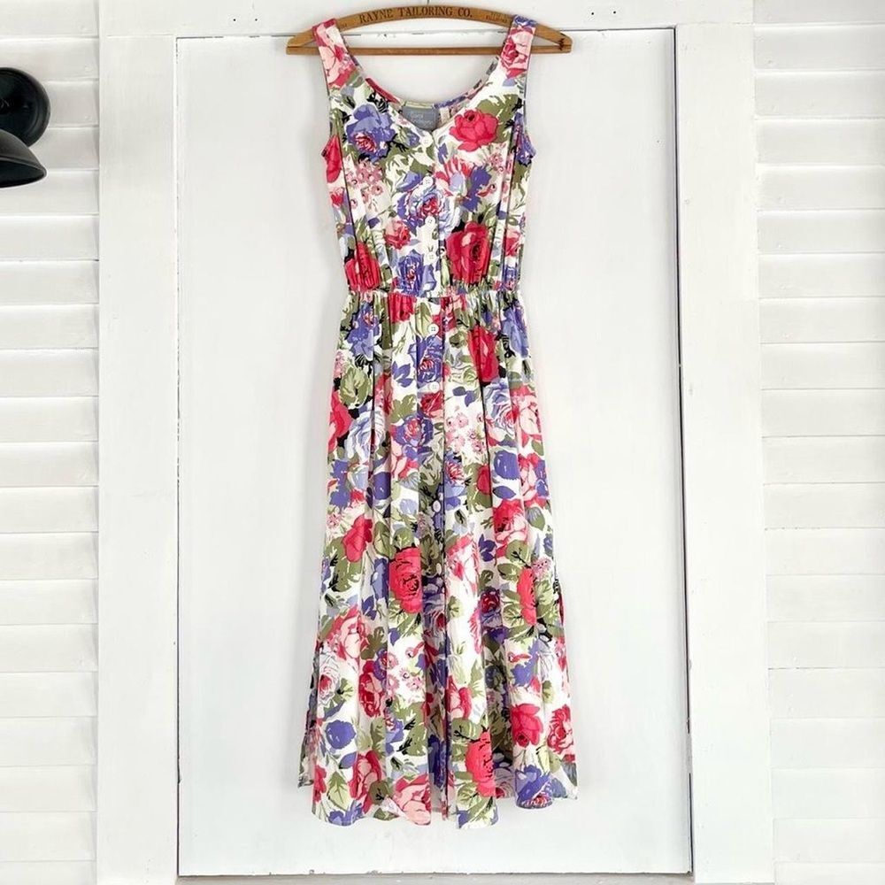 90s Vintage Carol Anderson Floral Cotton Garden Cottage Dress 2 XS Womens 0 4